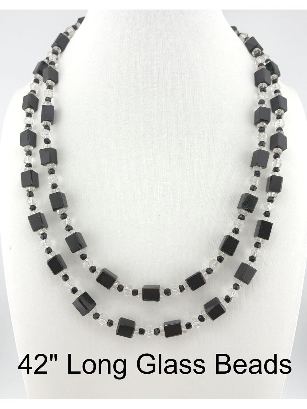 Vintage 42" Long Black and Clear Glass Beaded Necklace with Sterling Clasp